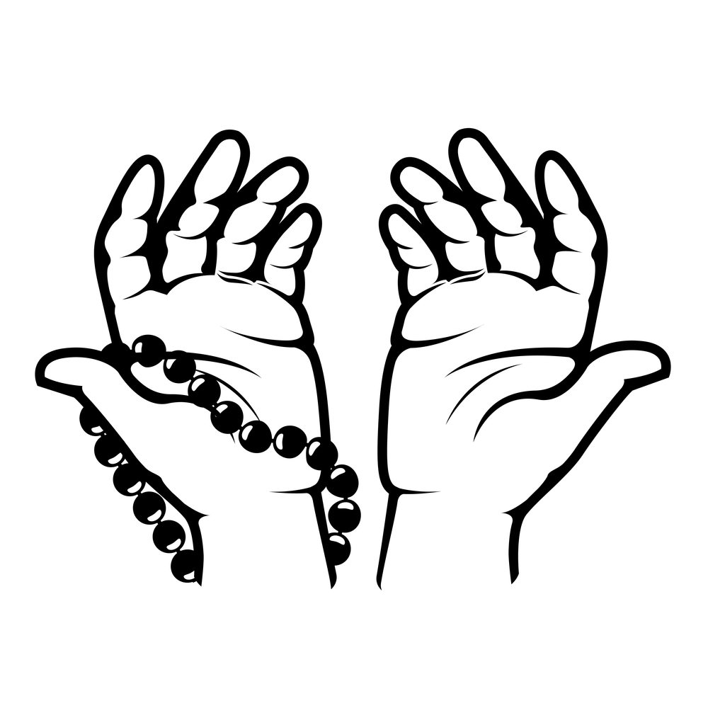 The graphic shows a man with beads in his hands