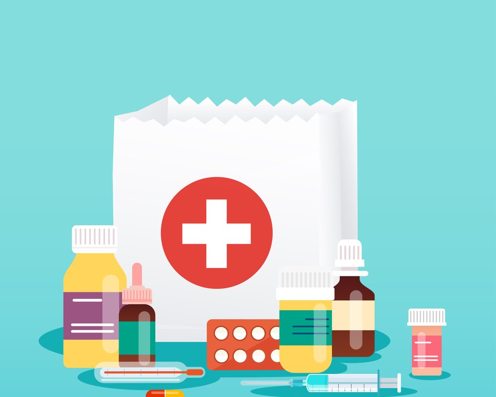 The graphic shows bottles of medicine